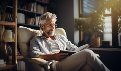 Stylish senior grey hear bearded man in glasses dressed light comfortable casual home clothing sitting in cozy armchair reading paper bestseller novel book in home library.Happy retirement concept. - obrazy, fototapety, plakaty