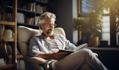 Poster Stylish senior grey hear bearded man in glasses dressed light comfortable casual home clothing sitting in cozy armchair reading paper bestseller novel book in home library.Happy retirement concept. © Soloviova Liudmyla