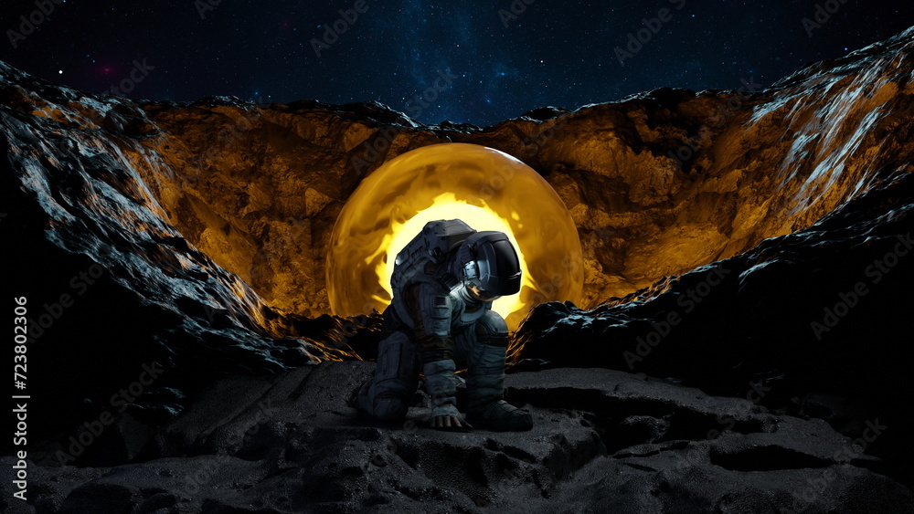 Wall mural space astronaut explores distant planet. cosmonaut in a spacesuit touches the ground of an asteroid.