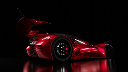 Futuristic sport car coupe in red on black background, supercar. 3d render - obrazy, fototapety, plakaty