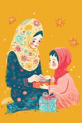 Whimsical depiction of a mother receiving a surprise gift from her little one.