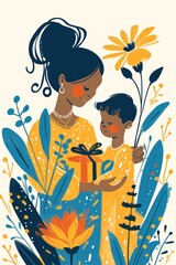 Radiant illustration of a mother receiving a heartfelt gift from her child.