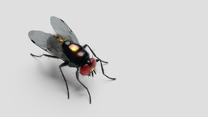 Pest fly close-up, annoying insect, blowfly on a white background. 3d render