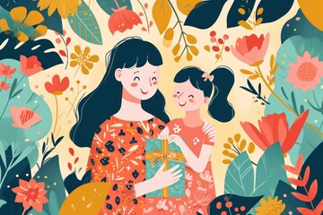 Radiant illustration of a mother receiving a heartfelt gift from her child. - 723802390