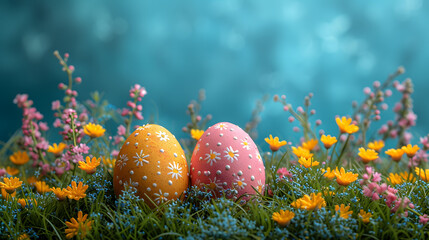 Obraz na płótnie Canvas Three Painted Eggs in a Field of Flowers