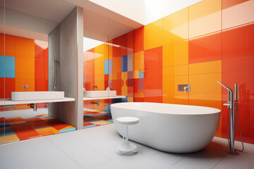 Fototapeta na wymiar Minimal design modern bathroom interior in blue and orange