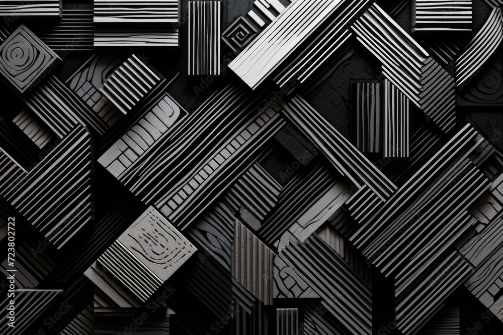 Poster A monochrome photograph depicting a collection of boxes neatly stacked. Suitable for various business, storage, or moving concepts