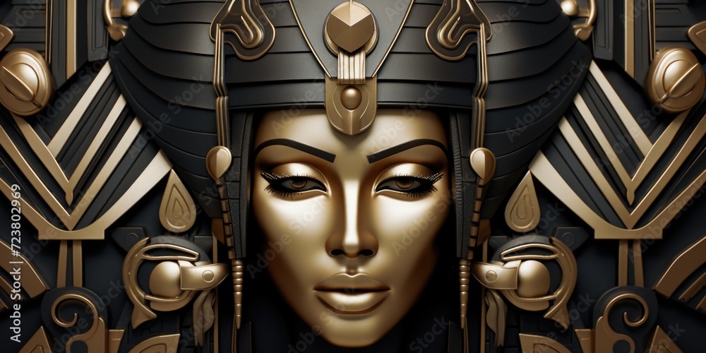 Poster a captivating woman's face depicted in a stunning gold and black art deco style. perfect for adding 