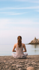 Fototapeta na wymiar Young woman meditating in lotus position on the seashore