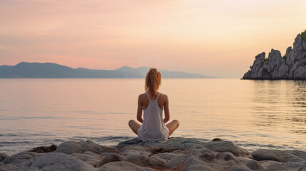 Fototapeta premium Young woman meditating in lotus position on the beach at sunset