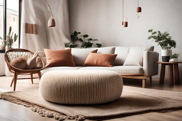 an AI image of a Scandinavian hygge-style home interior featuring a knitted pouf placed next to a white fabric sofa adorned with a cozy blanket and complemented by terra cotta pillows