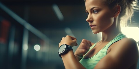 A woman in a green tank top holding a wrist watch. Suitable for fashion blogs and articles