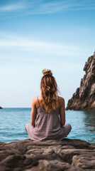 Fototapeta na wymiar Young woman sitting on a rock by the sea and meditating .
