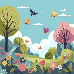 Obraz na płótnie Canvas Spring landscape green meadow with butterflies on sky. Colorful wild flowers blooming. Artistic drawing with green forest and natural flora. Scenic background outdoor countryside. Vector illustration