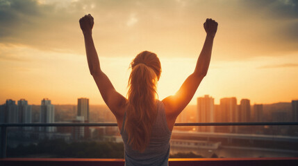 Rear view of young woman raising hands up while standing on balcony at sunset
