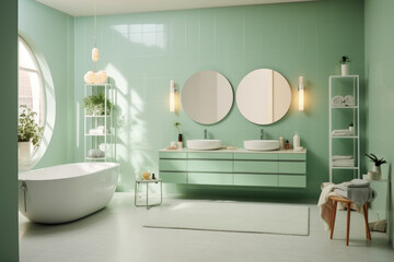 Mint color spacious minimal design luxury decorated bathroom interior