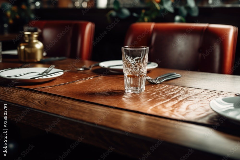 Poster a simple wooden table with a glass of water placed on top. this image can be used to represent conce