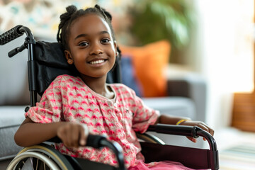 Cute girl in wheelchair at home