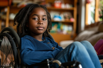 Obraz premium Cute girl in wheelchair at home