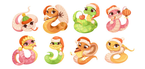 Set of cartoon cute snakes isolated on white background. Little child snake characters. Chinese horoscope zodiac sign, year of snake 2025. Friendly characters of smiling reptile. Vector illustration - obrazy, fototapety, plakaty