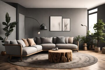 an AI prompt for an AI to create an image of a modern living room featuring a round rustic loveseat sofa, a stump side table, and a wall as part of the interior design
