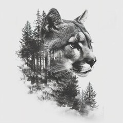 Puma wild cat portrait with forest background. Digital painting illustration. Generative Ai. 