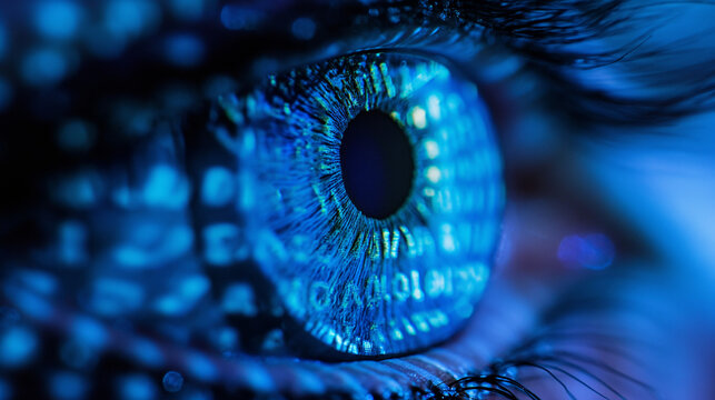 Digitales 3d Auge leuchtet mit Zahlencodes und Quelltext kryptisch symbolisch f&uuml;r Datenschutz und Privatsph&auml;re der Identit&auml;t sch&uuml;tzen Generative AI