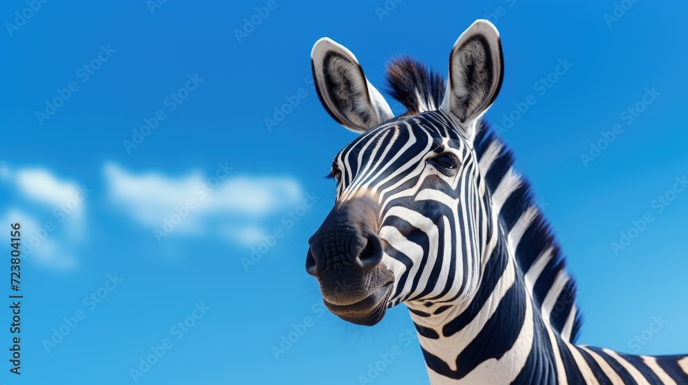 Poster a close-up view of a zebra's face with its distinct black and white stripes, set against a vibrant b