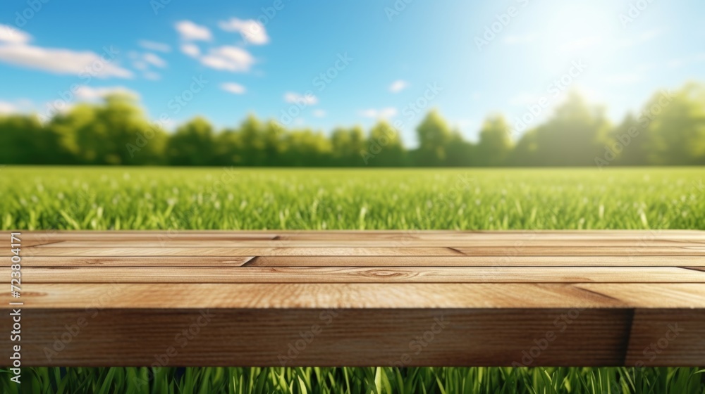 Poster a wooden table placed in the middle of a picturesque grassy field. this image can be used for variou