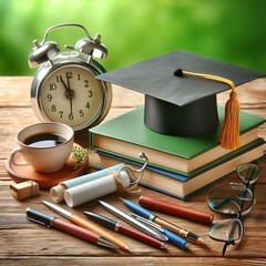 Graduate cap and stationery set on wood against green