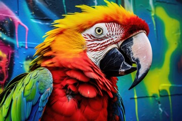 A vibrant parrot stands in front of a colorful graffiti wall. This image can be used to add a pop of color and a touch of nature to any creative project