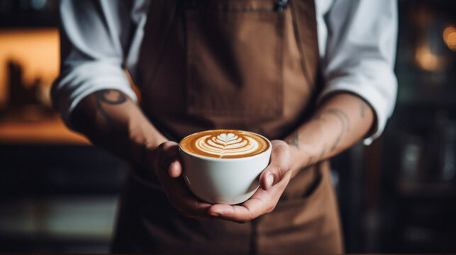 Cropped image of barista holding cup of cappuccino