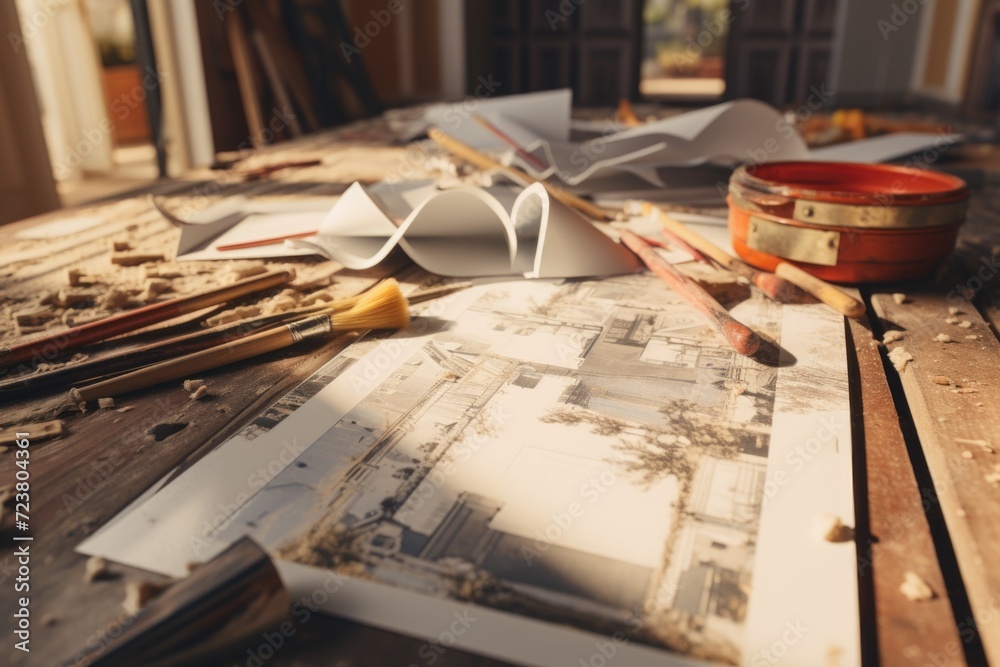 Poster a cluttered wooden table with various papers and pencils. ideal for office or creative workspace con