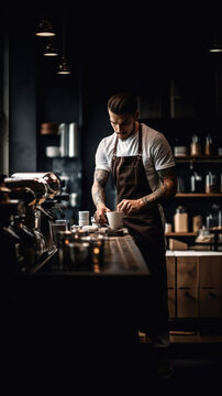 Handsome barista in apron preparing cup of coffee in cafe