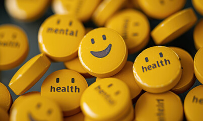 yellow smiley buttons promoting mental health awareness - obrazy, fototapety, plakaty