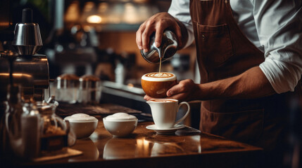 Fototapeta na wymiar Barista making a cappuccino in a coffee shop .