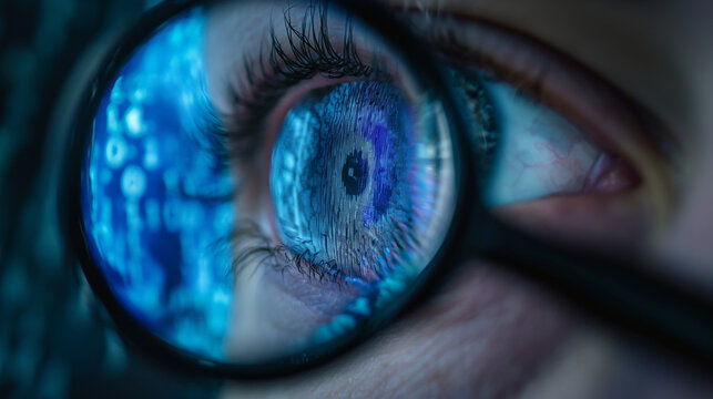 Digitales 3d Auge leuchtet mit Zahlencodes und Quelltext kryptisch symbolisch f&uuml;r Datenschutz und Privatsph&auml;re der Identit&auml;t sch&uuml;tzen Generative AI