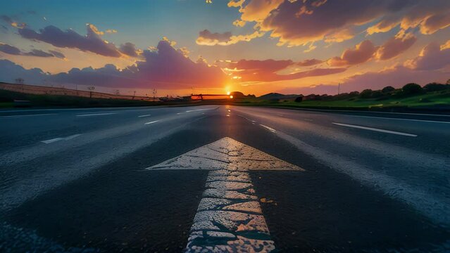 Forward sign on the road. Arrow on the asphalt, moving along the highway towards sunset