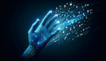 A digitized hand disintegrating into pixels and binary code