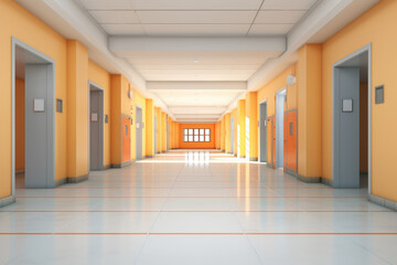 Modern school corridor in orange and gray colors, back to school. Generative ai