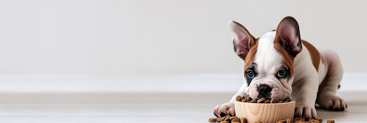 A cute French bulldog puppy sits on the floor near a wooden bowl and eats food. Banner with empty...
