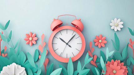papercut alarm clock surrounded by colorful flowers on light blue background
