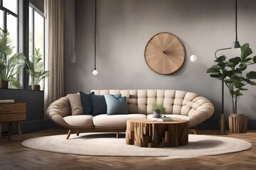 an AI prompt for an AI to create an image of a modern living room featuring a round rustic loveseat sofa, a stump side table, and a wall as part of the interior design - obrazy, fototapety, plakaty