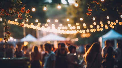 Blurred image of street food festival with bokeh lights . - obrazy, fototapety, plakaty