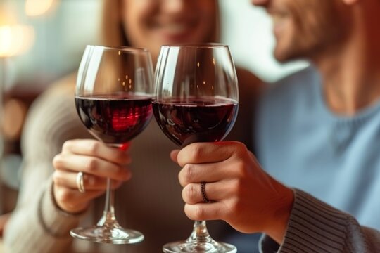 A couple toasting with red wine in a restaurant