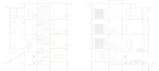 Sketch vector illustration of technical drawings for modern minimalist house section designs in big cities