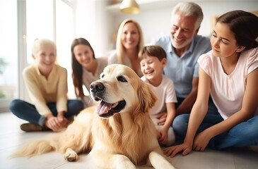 Big multi generation family spending bonding times with cute golden retriever dog at home.