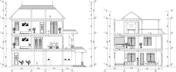 Vector sketch illustration of the architectural design of the section of an old luxury classic Mediterranean vintage house