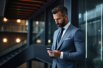 Fototapeta premium Handsome business man leader using phone while standing in modern office.