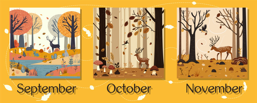 Autumn landscape calendar with deers. September, October, November on yellow frame poster. Autumn forest background. Brown leaves are falling. Wonderland landscape in fall season. Vector illustration